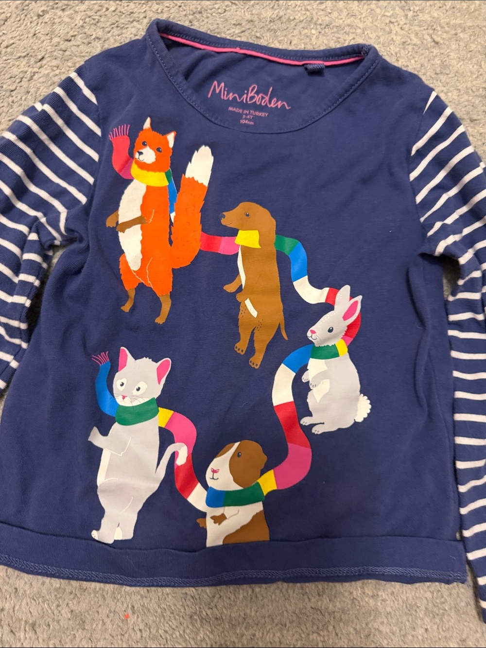 Mini Boden Navy Long-Sleeve Top with Colorful Animal Scarf Print